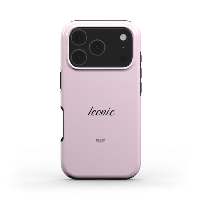 Trendy pink phone case with a feminine aesthetic featuring the word "Iconic" in stylish script for a girly, popular look.