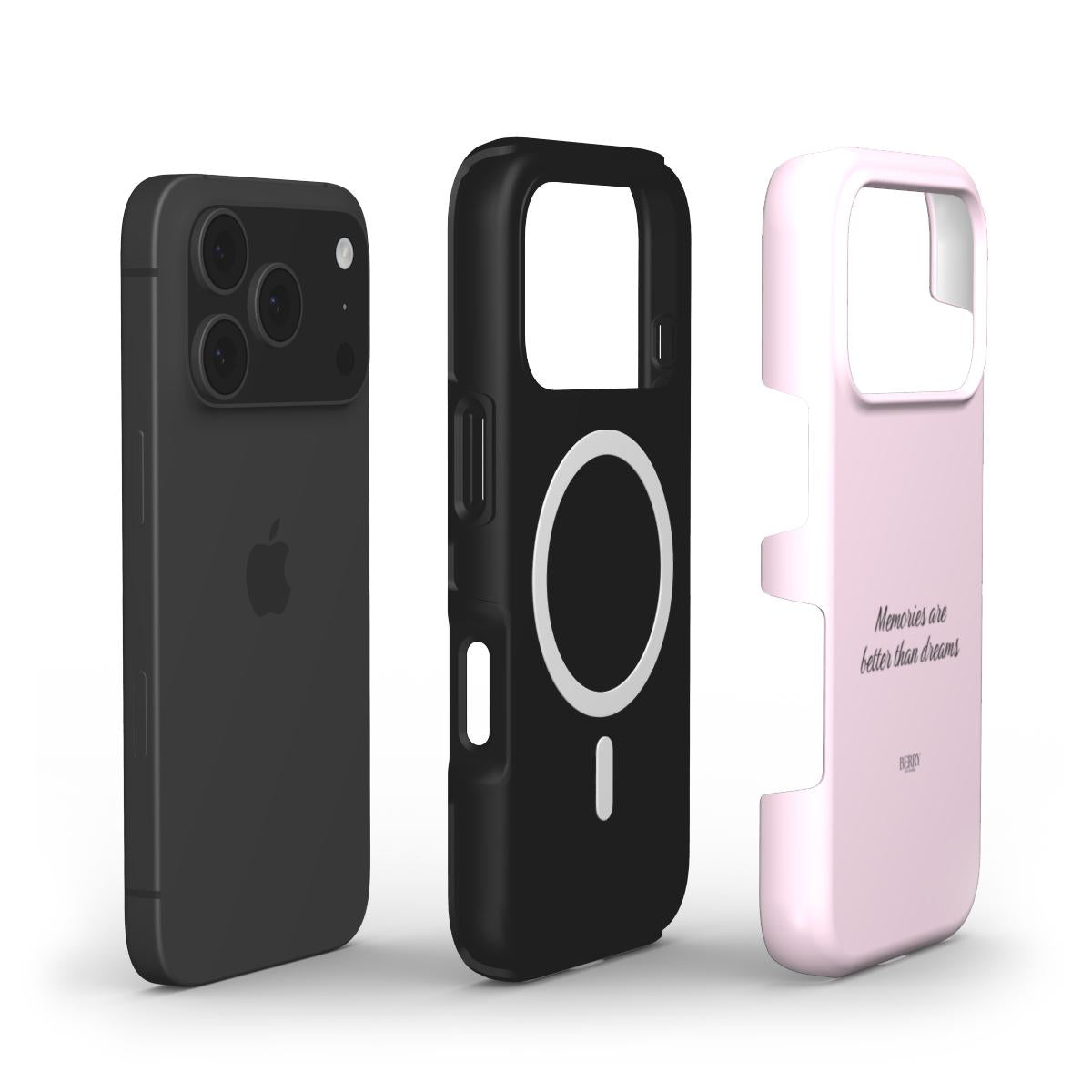 Trendy pink phone case with a feminine design and inspiring "Memories are better than dreams" text, paired with a sleek black wireless charging compatible case.