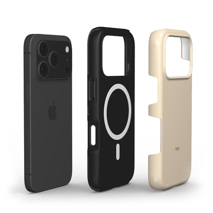 Beige trendy phone case with sleek design beside black phone and black protective accessory, stylish and feminine with a modern aesthetic appeal.