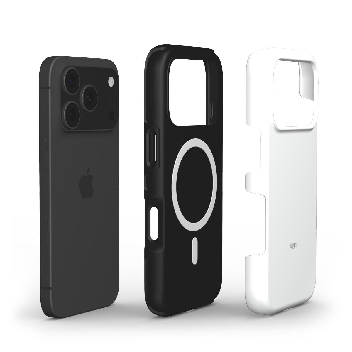 Black and white minimalist phone cases featuring a sleek, trendy design with clean lines and a circular wireless charging compatible pattern on the black case.