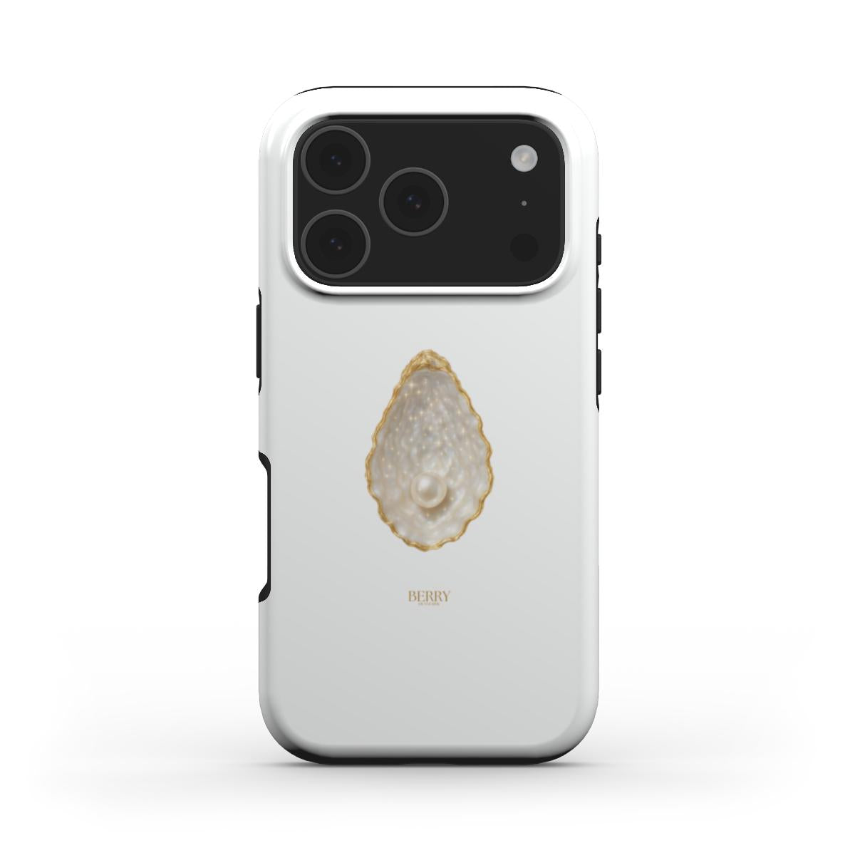 White phone case with a pearly shell design edged in gold and a subtle multicolored iridescent finish, showcasing a trendy feminine aesthetic.