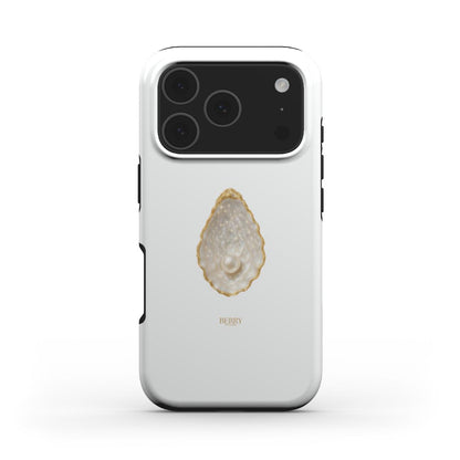 White phone case with a pearly shell design edged in gold and a subtle multicolored iridescent finish, showcasing a trendy feminine aesthetic.