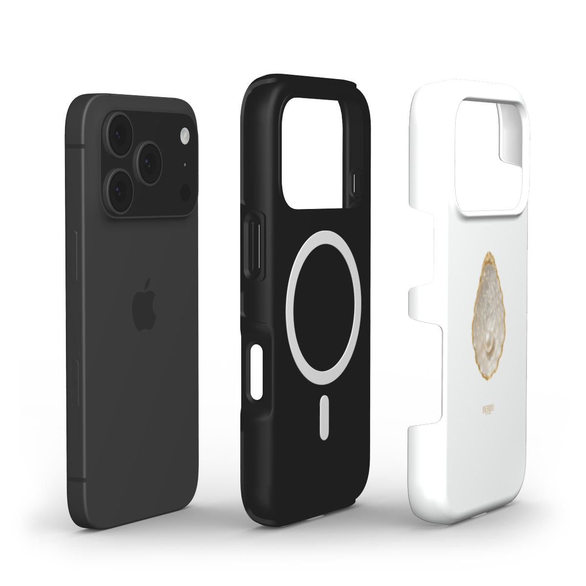 Black and white phone cases with MagSafe design, featuring a white case with gold and multicolor detailing for a trendy, feminine, and aesthetic look.