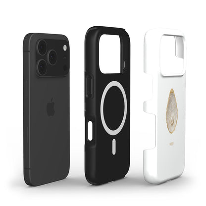 Black and white phone cases with MagSafe design, featuring a white case with gold and multicolor detailing for a trendy, feminine, and aesthetic look.