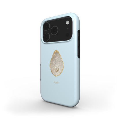 Trendy feminine phone case in blue with a stylish beige and gold pearl shell design, perfect for that girly and beautiful aesthetic look.