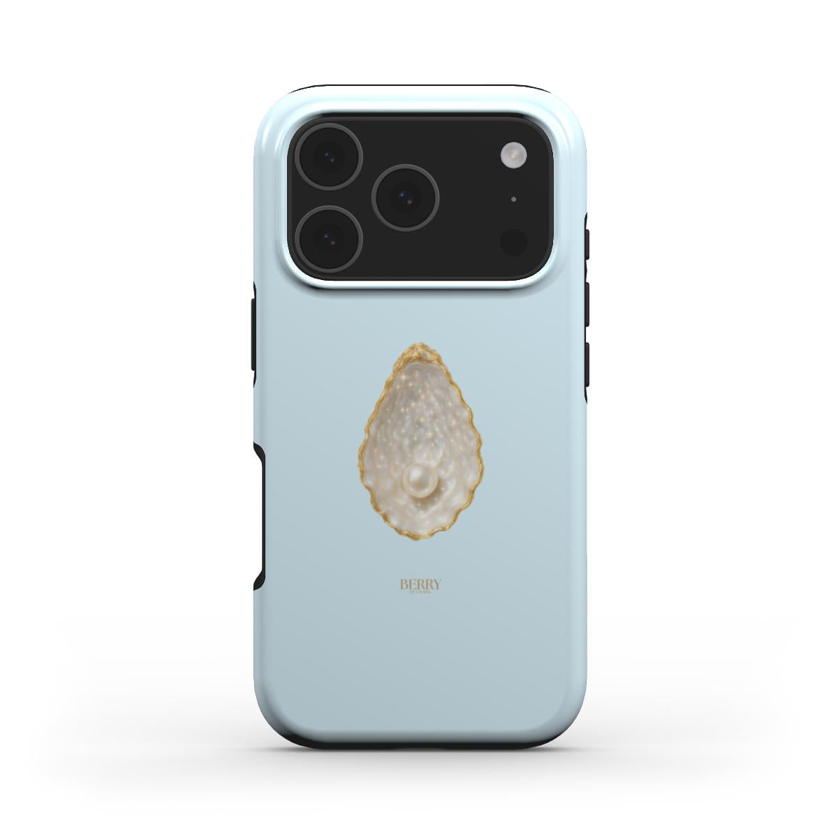 Trendy and feminine phone case in blue with a beige and gold pearly design, combining girly elegance with a popular aesthetic style.