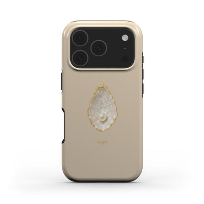 Trendy beige phone case with a feminine pearly design featuring gold accents for a beautiful, aesthetic, and popular stylish look.