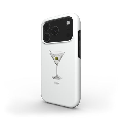 Trendy white phone case with a stylish martini glass design featuring silver and multicolored accents for a feminine, popular look.