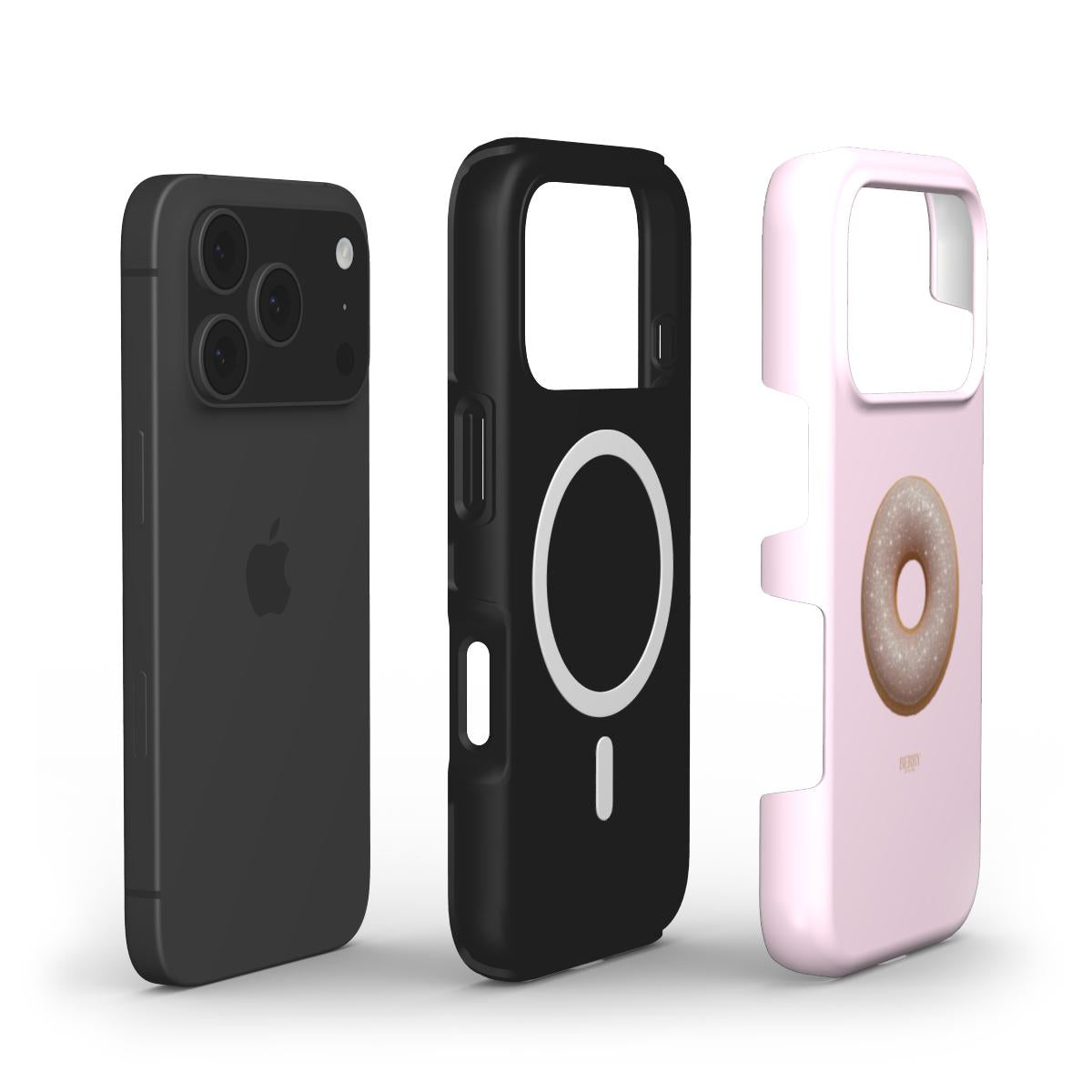 Trendy feminine phone case in pink with a stylish gold and beige donut design, combining playful and elegant aesthetics for a popular girly look.