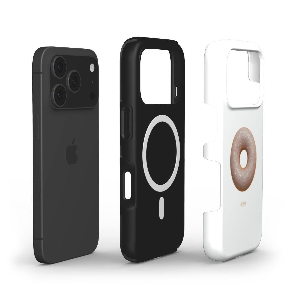 Trendy minimalist phone cases with sleek black and white designs, featuring a simple donut graphic for a feminine and popular aesthetic look.