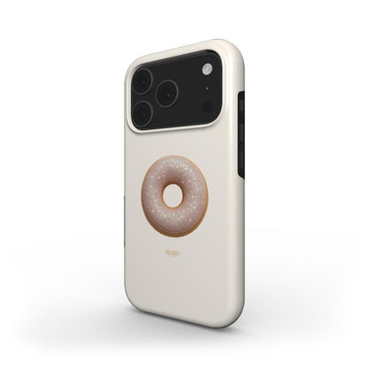 Minimalist beige phone case with a trendy soft donut design, featuring warm tones of guld and brun for a feminine, beautiful, and popular look.