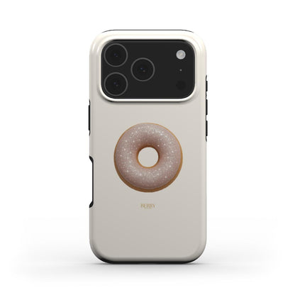 Trendy beige phone case with a soft donut design in warm brown and gold tones, featuring a feminine and aesthetic look perfect for that girl style.