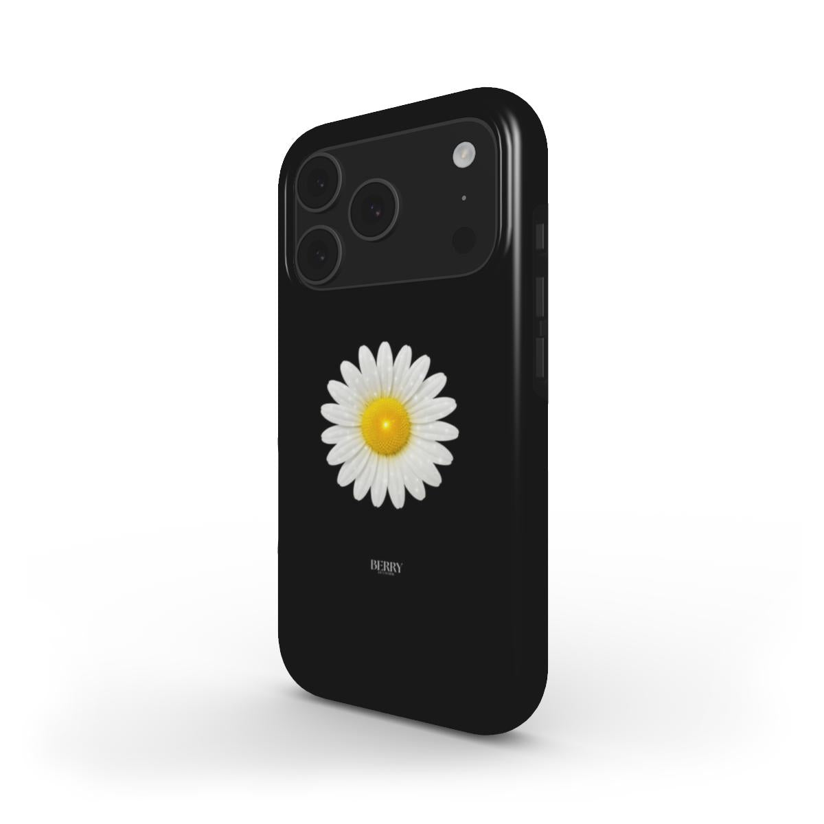 Stylish black phone case featuring a single white and yellow daisy design, combining trendy and feminine aesthetic for a popular modern look.