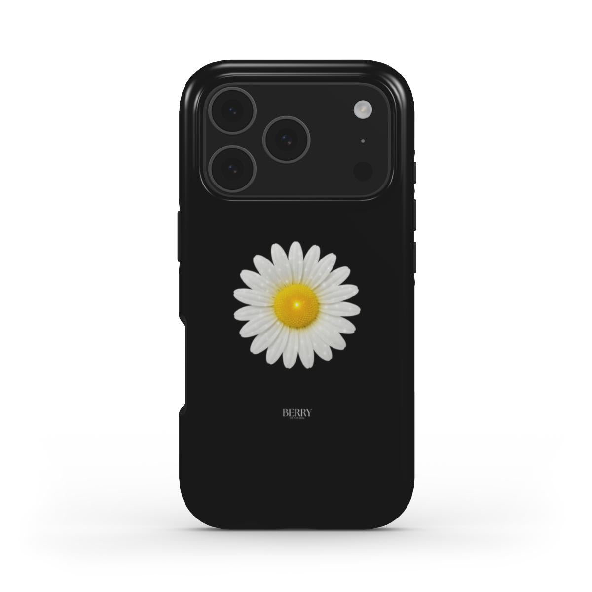 Trendy black phone case featuring a vibrant daisy design with white petals and a yellow center, combining feminine charm with a popular aesthetic.