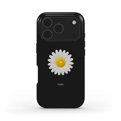 Trendy black phone case featuring a vibrant daisy design with white petals and a yellow center, combining feminine charm with a popular aesthetic.