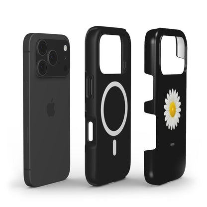 Trendy black phone case featuring a feminine daisy design with white petals and yellow center, combining aesthetic charm with practical protection.