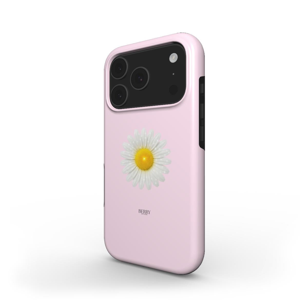 Trendy pink phone case featuring a vibrant multicolored daisy with yellow center, combining girly charm and beautiful feminine style.