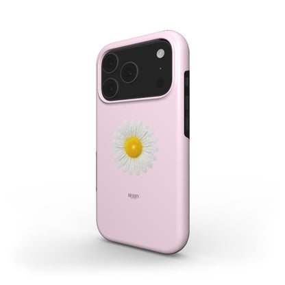 Trendy pink phone case featuring a vibrant multicolored daisy with yellow center, combining girly charm and beautiful feminine style.