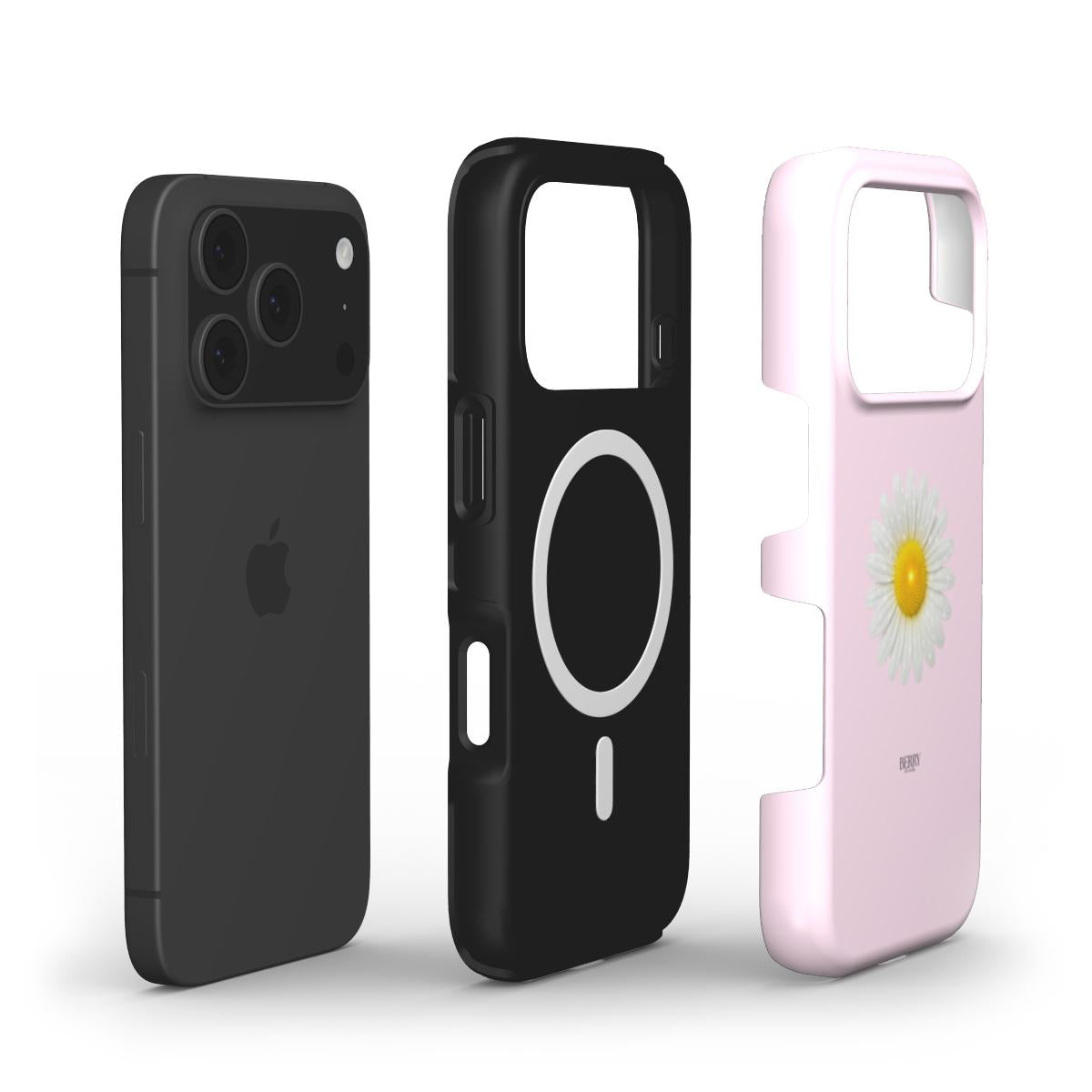 Trendy feminine pink phone case with daisy rose design, alongside a sleek black magnetic phone case and a modern dark smartphone.