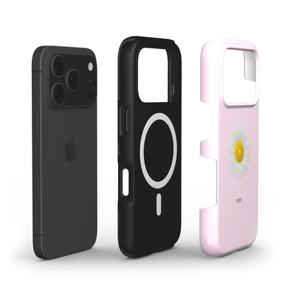 Trendy feminine pink phone case with daisy rose design, alongside a sleek black magnetic phone case and a modern dark smartphone.