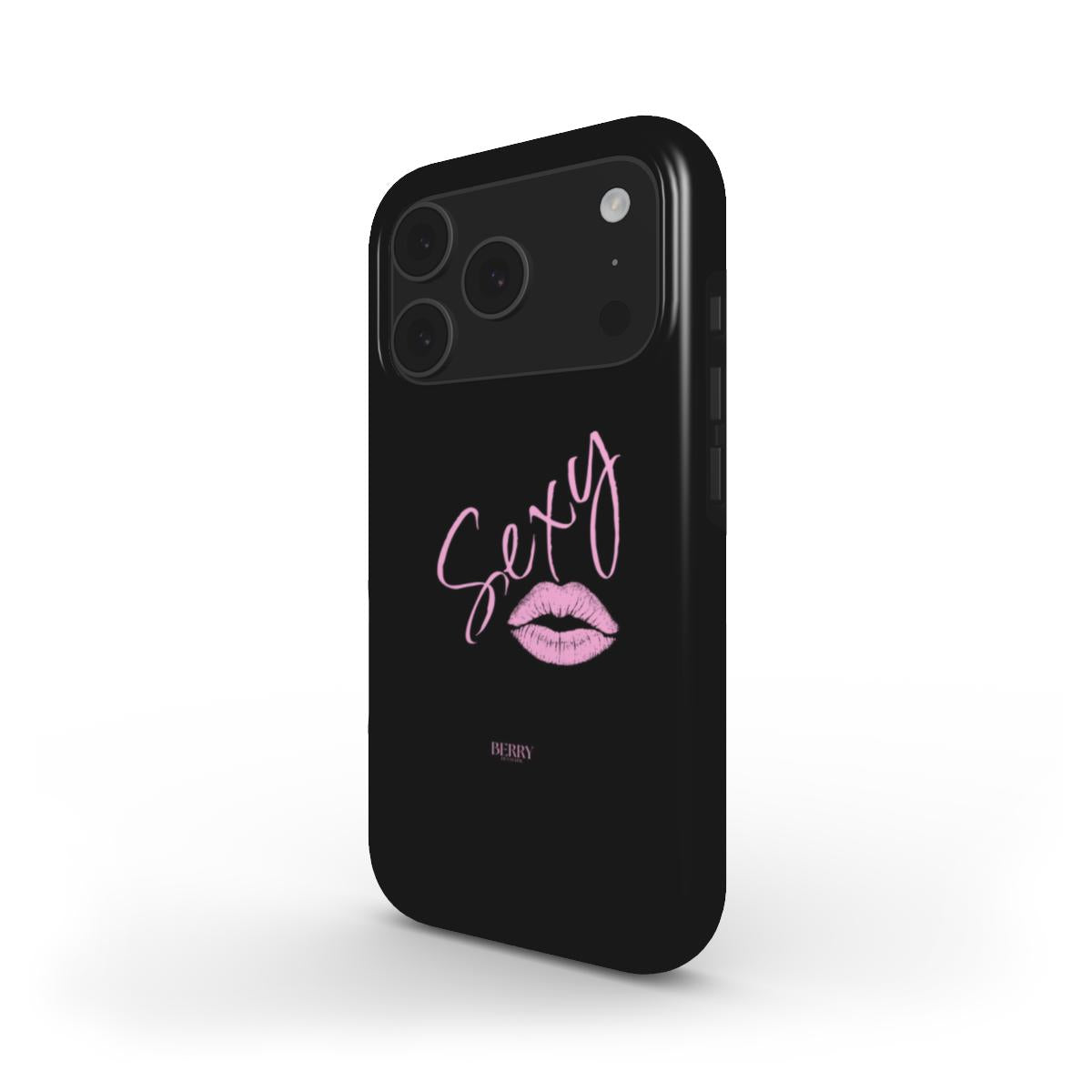 Black phone case with trendy pink lips and cursive "Sexy" text, featuring a girly and feminine aesthetic for a stylish, popular look.