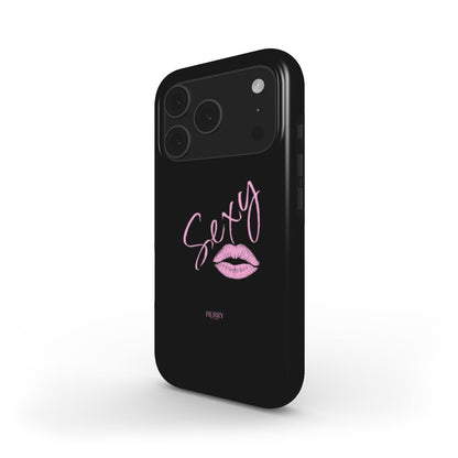 Black phone case with trendy pink lips and cursive "Sexy" text, featuring a girly and feminine aesthetic for a stylish, popular look.