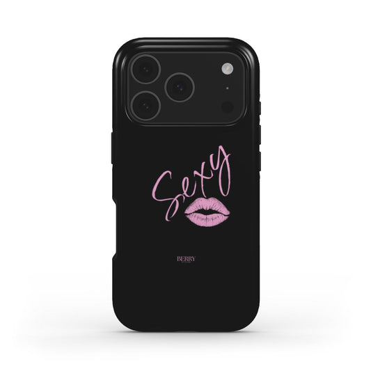 Black phone case with trendy pink script "Sexy" and lip print, stylish and feminine design for a popular, girly, and aesthetic phone accessory.