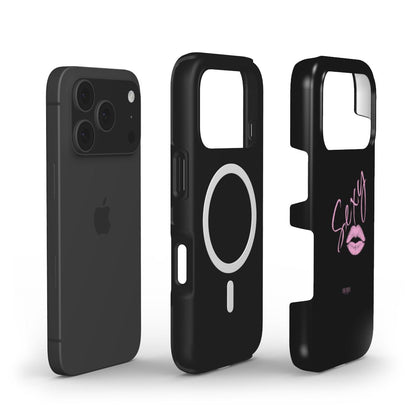 Trendy feminine phone case in black with pink "Sexy" text and lips graphic, designed for that girly and beautiful aesthetic.