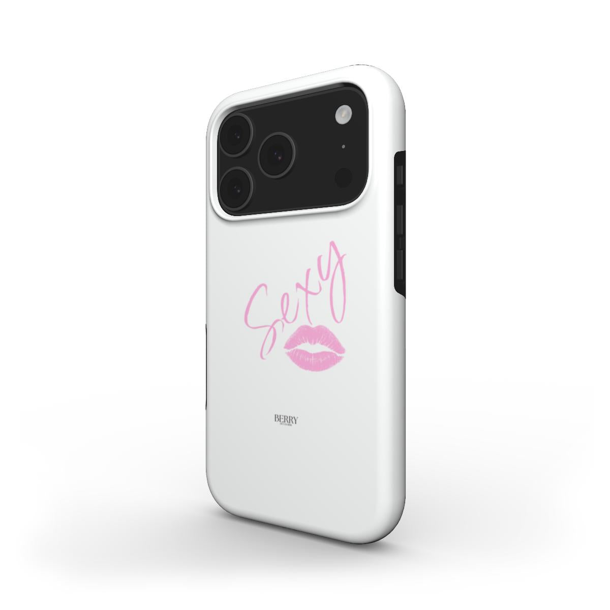 White phone case with pink handwritten "Sexy" text and pink lips design, featuring a trendy and feminine aesthetic in a multicolored pattern style.