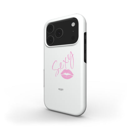 White phone case with pink handwritten "Sexy" text and pink lips design, featuring a trendy and feminine aesthetic in a multicolored pattern style.