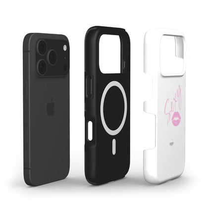 Trendy phone case with a pink "Sexy" text and lips design, featuring a colorful, feminine, and girly aesthetic with a pink and multicolor pattern.