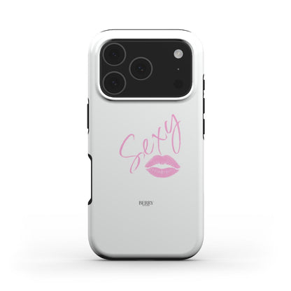 Trendy white phone case with pink "Sexy" script and lip print, featuring a feminine and beautiful multicolored design with a girly, aesthetic appeal.