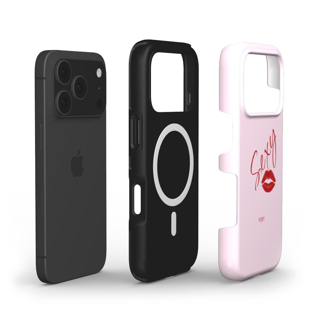 Phone case in pink with red trendy "Sexy" text and lips design, alongside a sleek black MagSafe-compatible protective phone case.