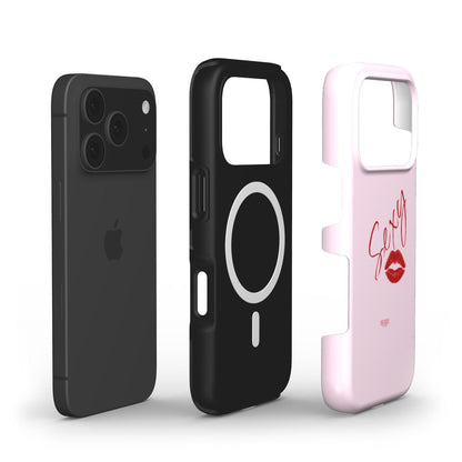 Phone case in pink with red trendy "Sexy" text and lips design, alongside a sleek black MagSafe-compatible protective phone case.