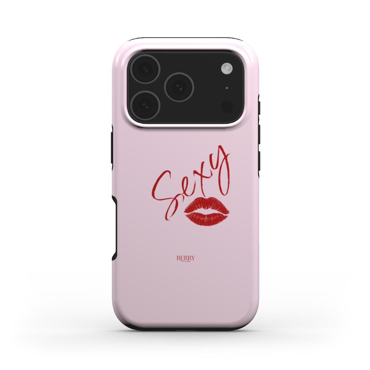Trendy pink phone case with red lips and stylish handwritten text, combining girly charm and feminine aesthetic for a beautiful, popular look.
