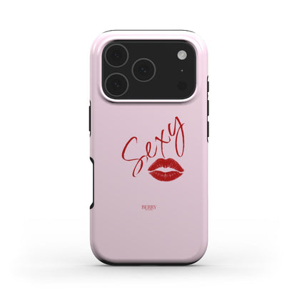 Trendy pink phone case with red lips and stylish handwritten text, combining girly charm and feminine aesthetic for a beautiful, popular look.
