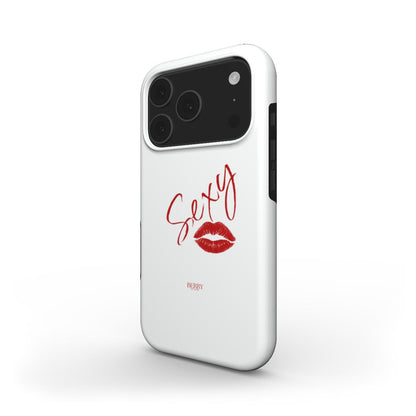 White phone case with red lips and the word "Sexy" in red script, featuring a trendy, feminine, and girly design.