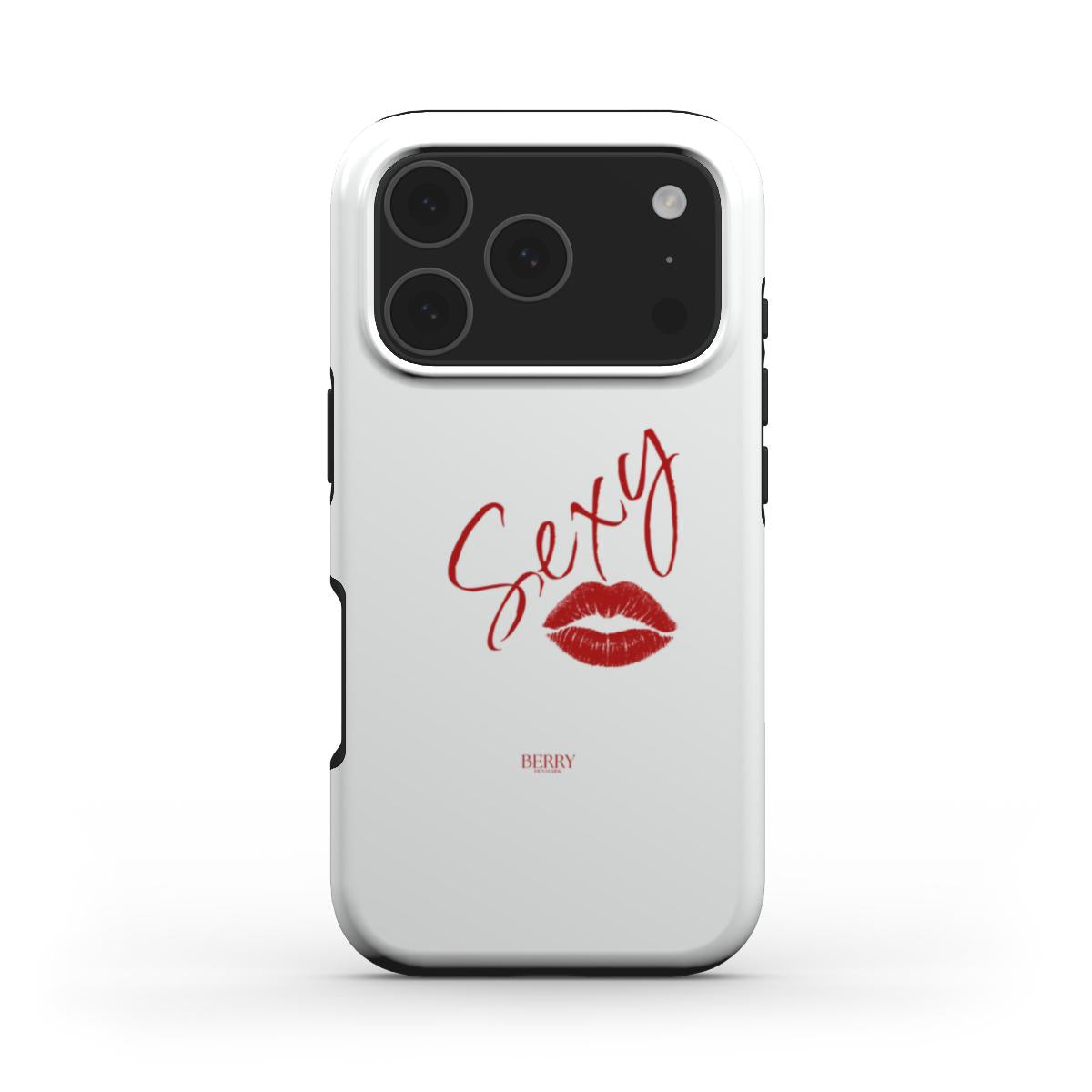 White phone case with red lipstick kiss and stylish "Sexy" script, featuring a trendy, feminine, and girly aesthetic in a popular design.
