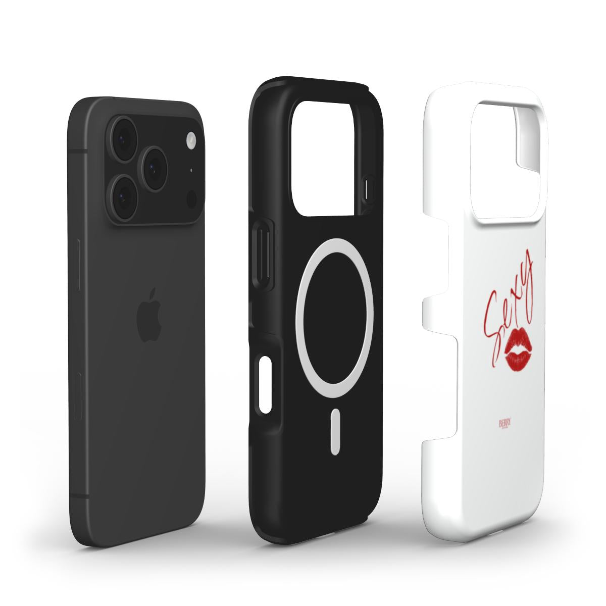 Trendy white phone case with red script and lips design, offering stylish protection with a girly, feminine aesthetic inspired by the Sexy Cherry theme.