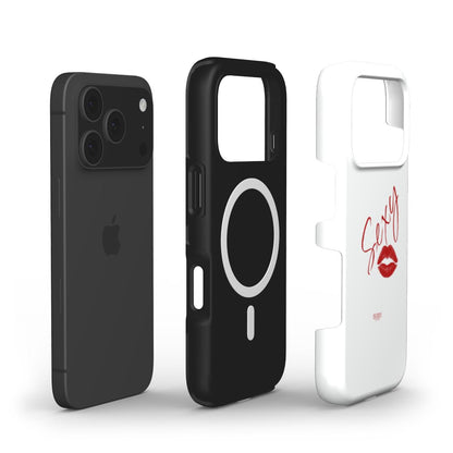 Trendy white phone case with red script and lips design, offering stylish protection with a girly, feminine aesthetic inspired by the Sexy Cherry theme.