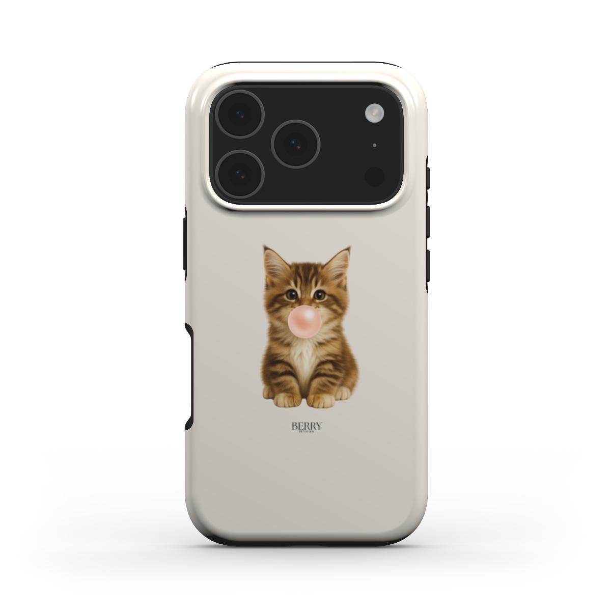 Trendy phone case in beige with a cute Brun and Flerfarvet kitten blowing a bubble, perfect for a feminine and popular aesthetic.