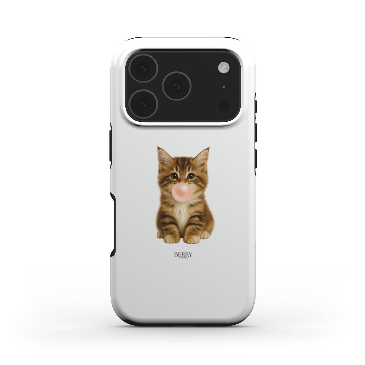 Trendy phone case featuring a cute brown tabby kitten blowing pink bubblegum, designed with a feminine and playful vibe.