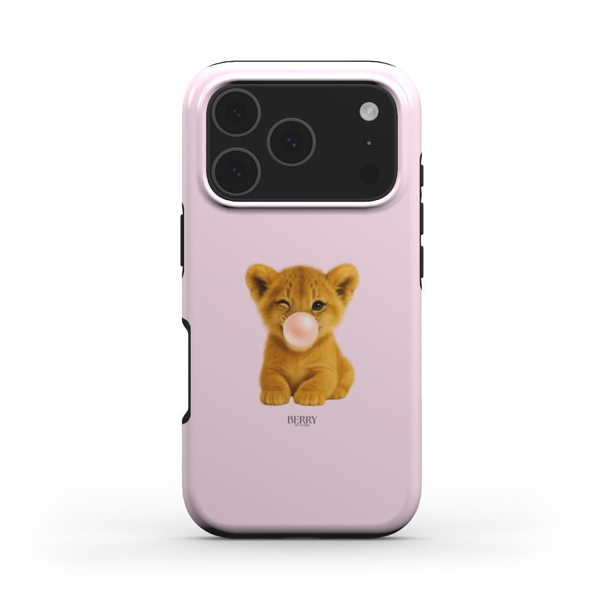 Pink phone case with a playful lion cub blowing a bubblegum bubble, featuring a trendy girly and feminine aesthetic in pink and beige tones.