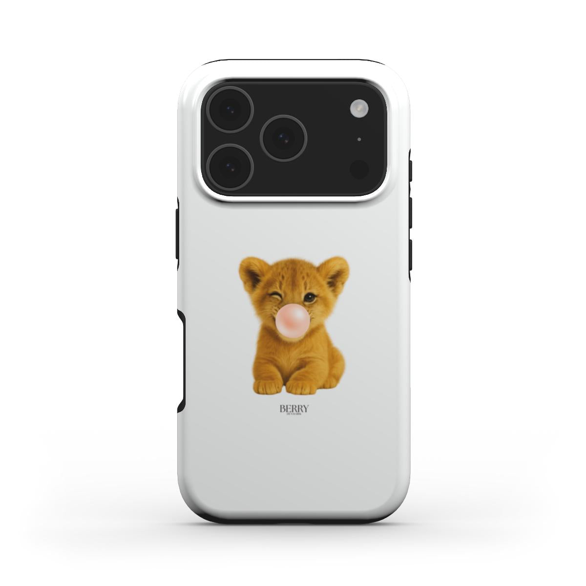 White phone case with a charming multicolored lion cub blowing a pink bubblegum bubble, combining girly and trendy cute style.