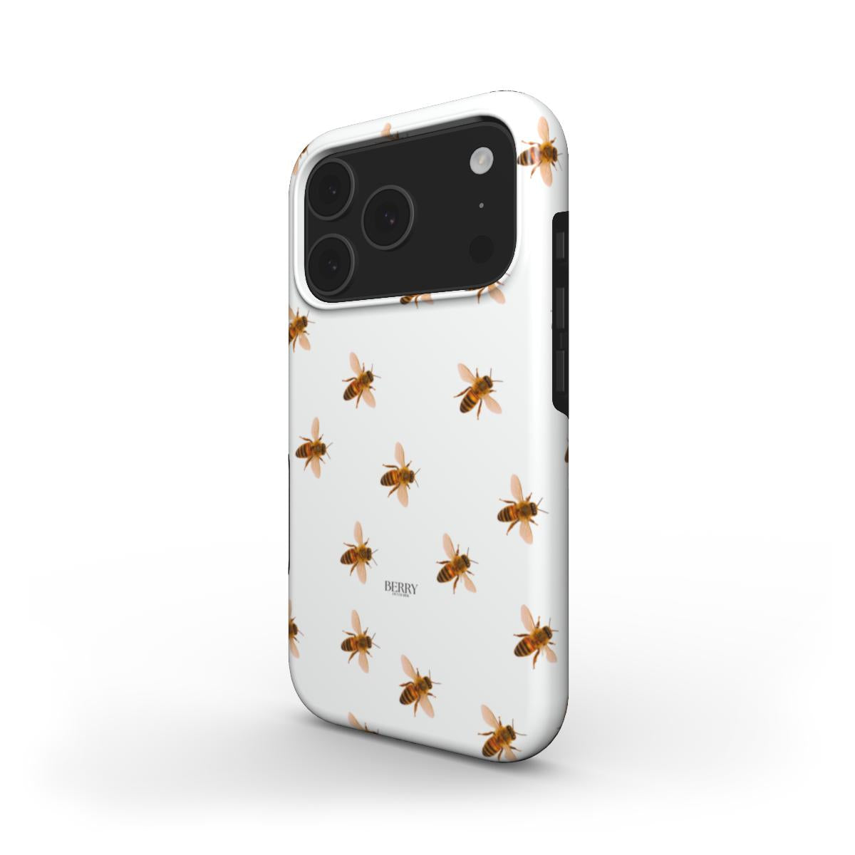 White phone case featuring a colorful bee pattern with a sleek, trendy design for a feminine and popular aesthetic.