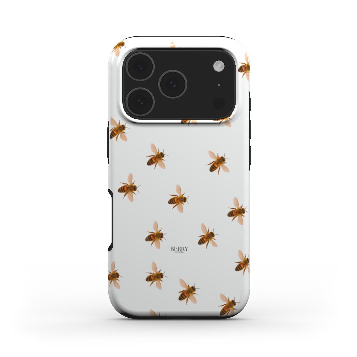 White phone case with a colorful bee pattern, featuring a feminine and trendy design perfect for a stylish and popular look.