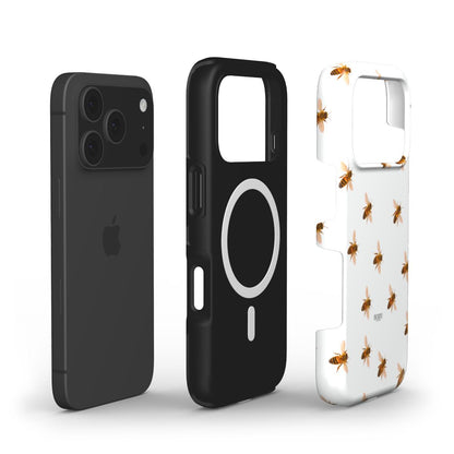 Stylish white and multicolored phone case with bee pattern, designed for a trendy and feminine look combining protection and aesthetic appeal.