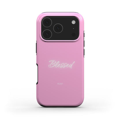 Trendy pink phone case with a feminine "Blessed" script, combining a beautiful girly aesthetic perfect for that stylish and popular look.