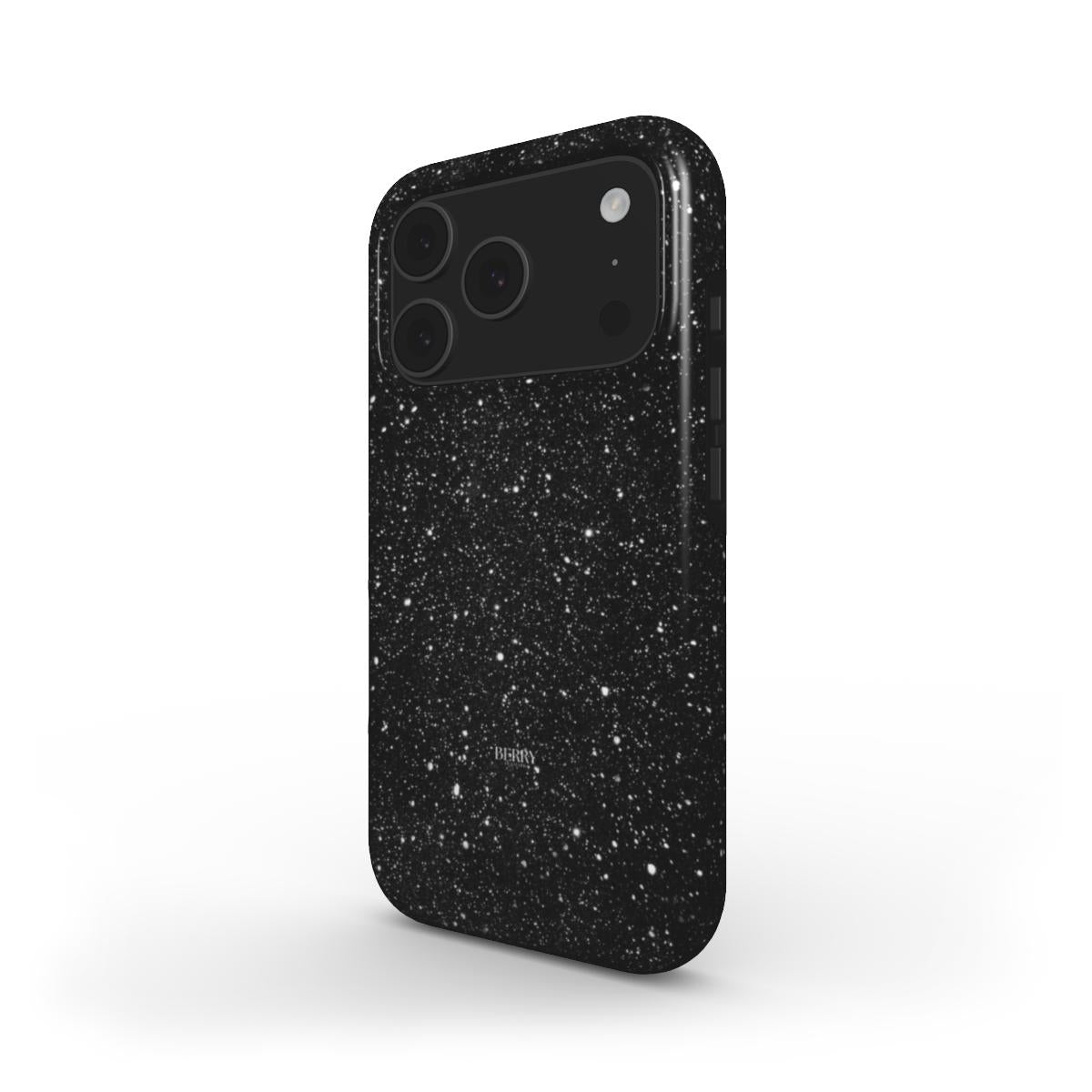 Trendy black phone case with sparkling glitter pattern, sleek and feminine design perfect for that girl who loves stylish and beautiful accessories.