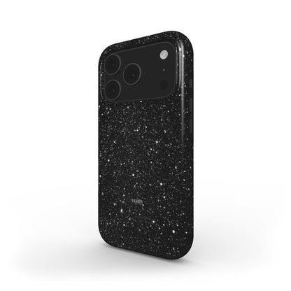 Trendy black phone case with sparkling glitter pattern, sleek and feminine design perfect for that girl who loves stylish and beautiful accessories.